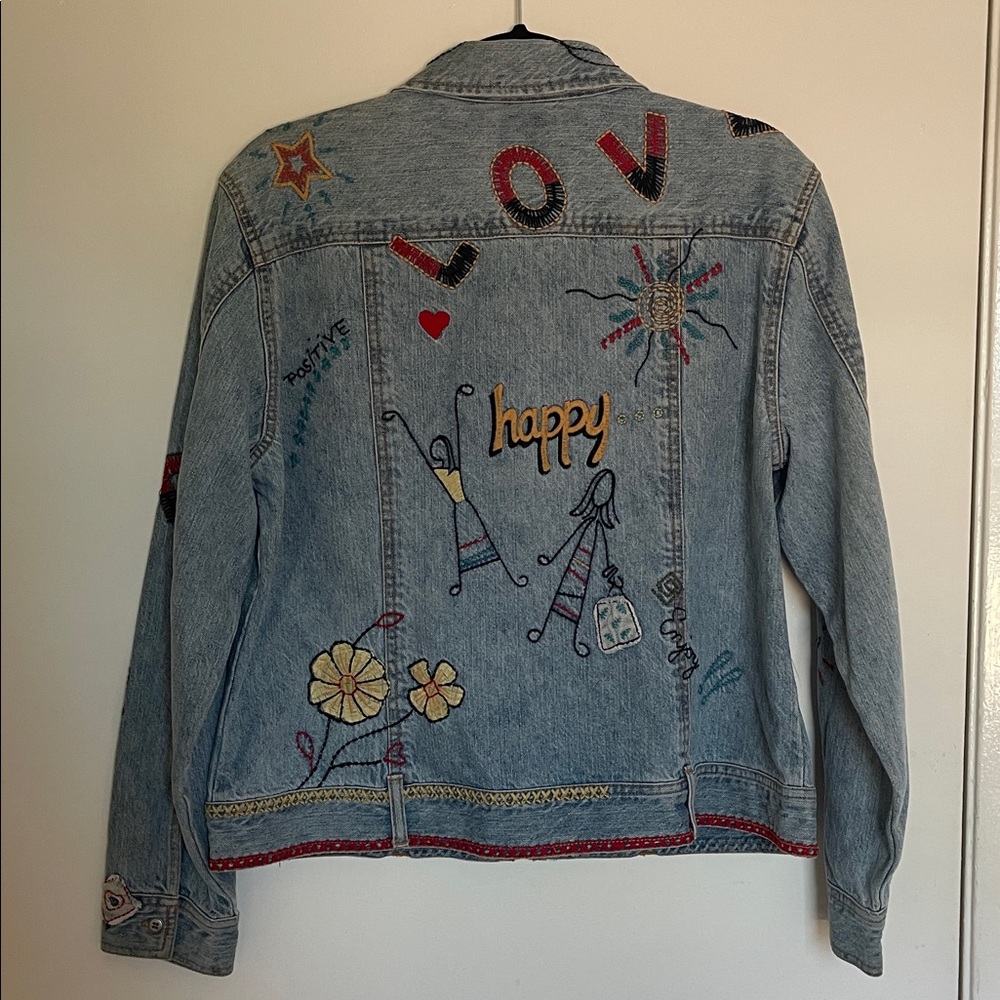 Vintage Chico's Embroidered happy peace smile demin Jacket - Picture 8 of 12